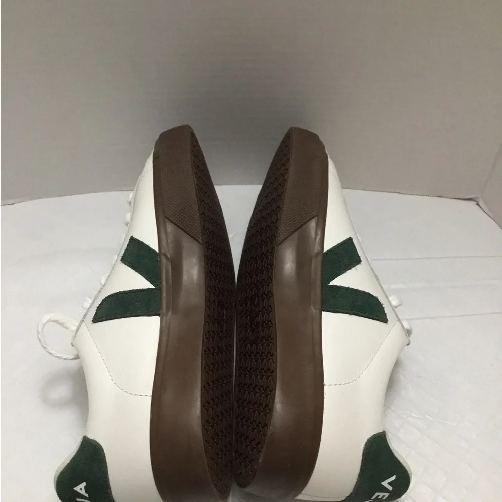 Veja White Sneakers with Green V Logo and Brown Sole